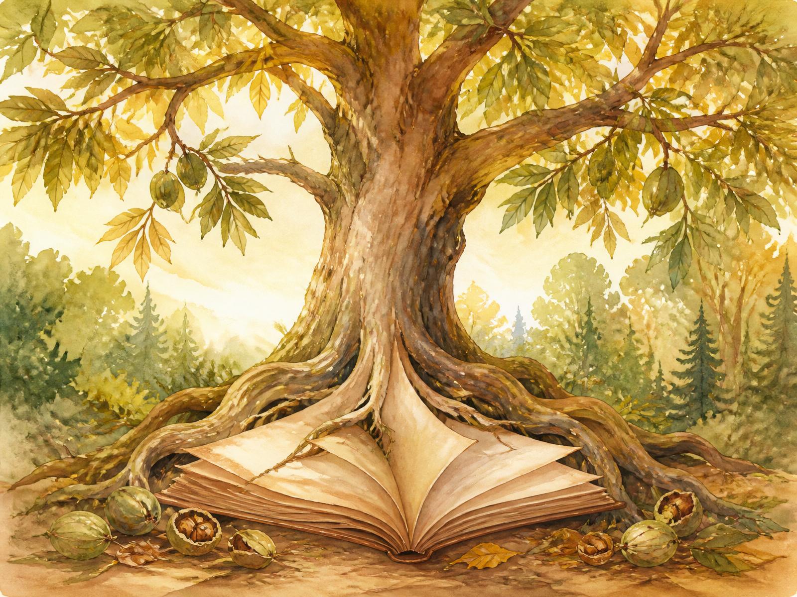Illustrated butternut tree with roots resting on open storybook pages, surrounded by leaves and acorns